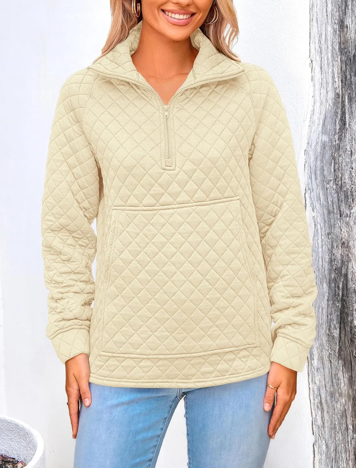 PRETTYGARDEN Women's Winter Quilted Sweatshirt Casual Quarter Zip Collared Long Sleeve V Neck Pullover Tops
