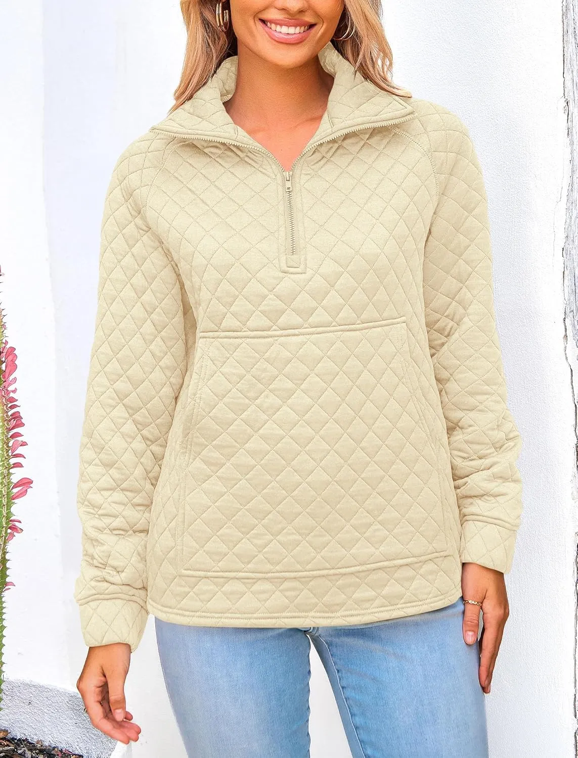 PRETTYGARDEN Women's Winter Quilted Sweatshirt Casual Quarter Zip Collared Long Sleeve V Neck Pullover Tops
