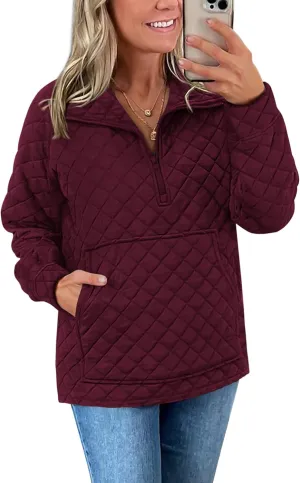 PRETTYGARDEN Women's Winter Quilted Sweatshirt Casual Quarter Zip Collared Long Sleeve V Neck Pullover Tops