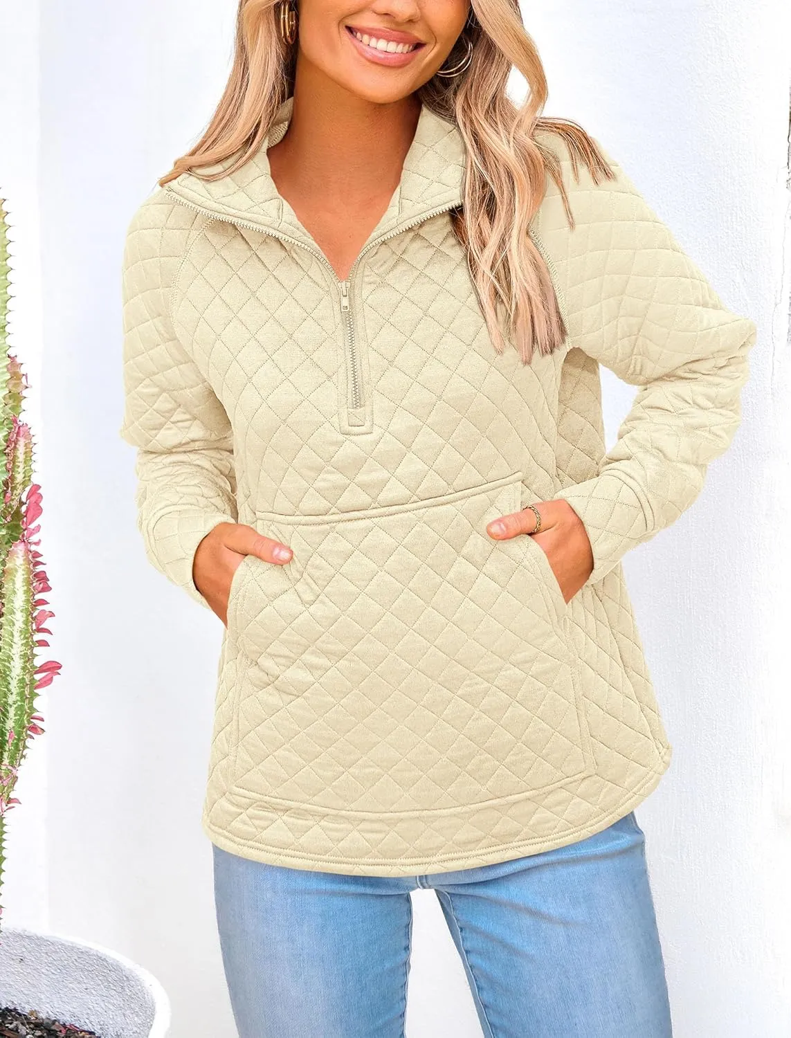 PRETTYGARDEN Women's Winter Quilted Sweatshirt Casual Quarter Zip Collared Long Sleeve V Neck Pullover Tops