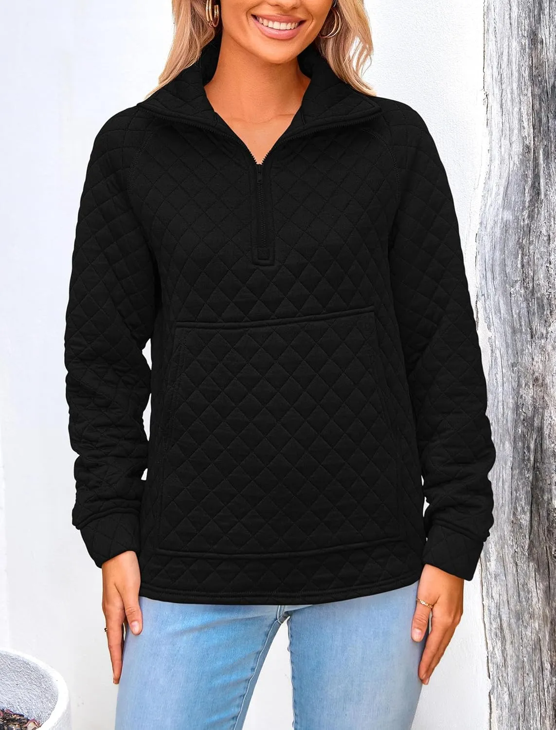PRETTYGARDEN Women's Winter Quilted Sweatshirt Casual Quarter Zip Collared Long Sleeve V Neck Pullover Tops