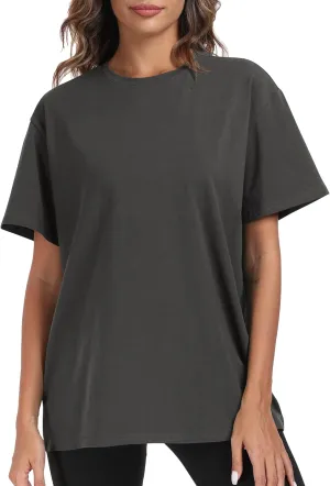 PRIMODA Womens Oversized Short Sleeve T Shirts Trendy Crew Neck Loose Workout Tee Casual Summer Tops Cotton