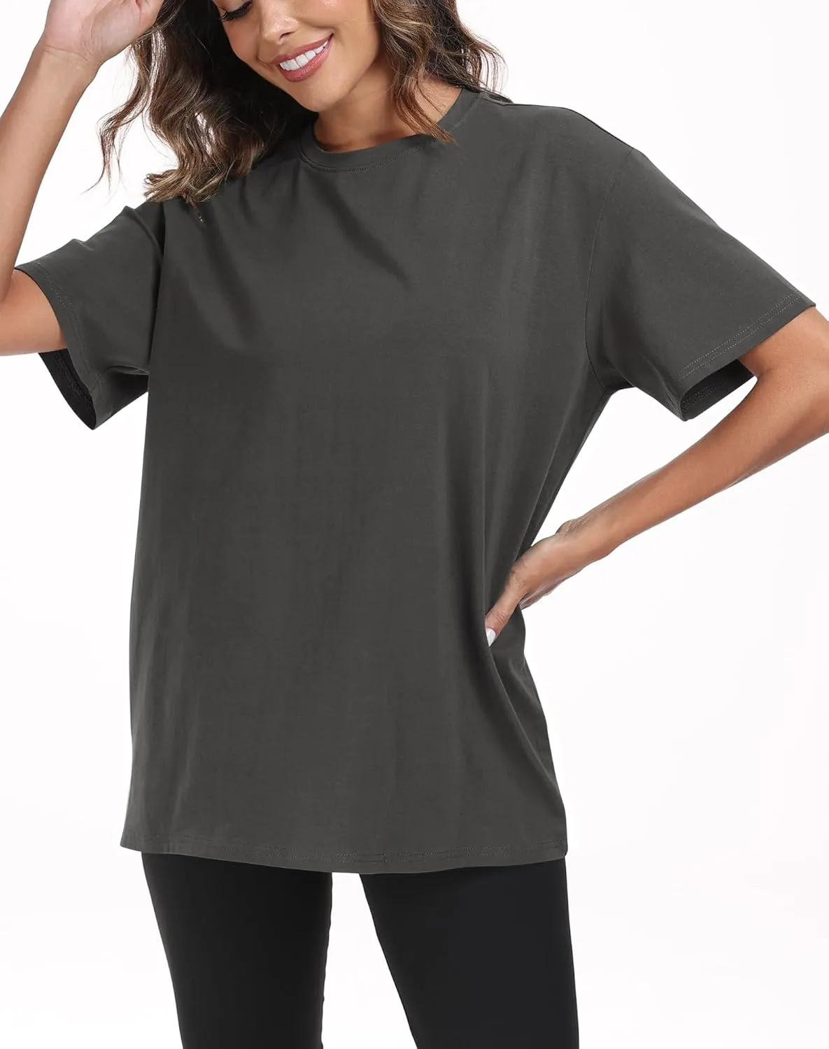 PRIMODA Womens Oversized Short Sleeve T Shirts Trendy Crew Neck Loose Workout Tee Casual Summer Tops Cotton