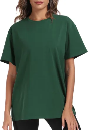 PRIMODA Womens Oversized Short Sleeve T Shirts Trendy Crew Neck Loose Workout Tee Casual Summer Tops Cotton