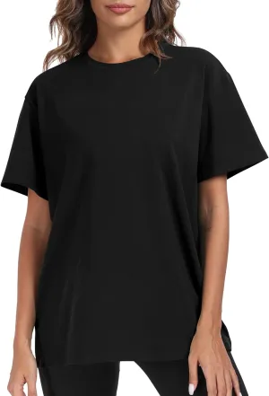 PRIMODA Womens Oversized Short Sleeve T Shirts Trendy Crew Neck Loose Workout Tee Casual Summer Tops Cotton