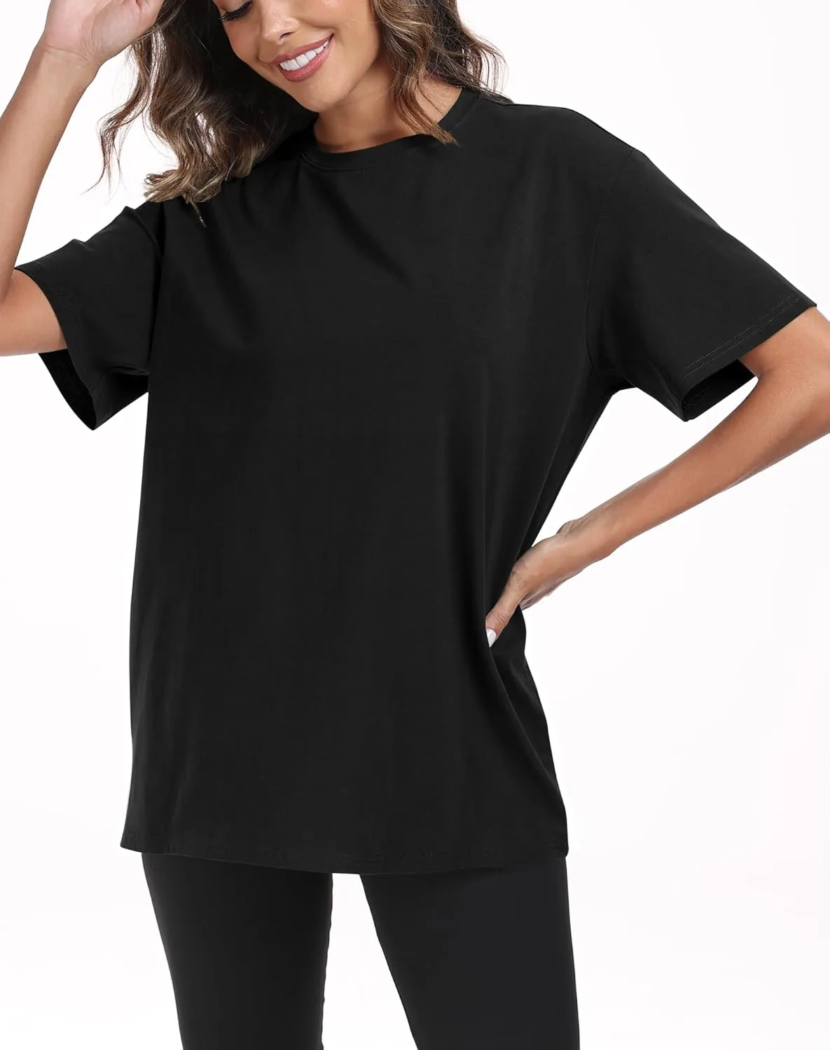 PRIMODA Womens Oversized Short Sleeve T Shirts Trendy Crew Neck Loose Workout Tee Casual Summer Tops Cotton