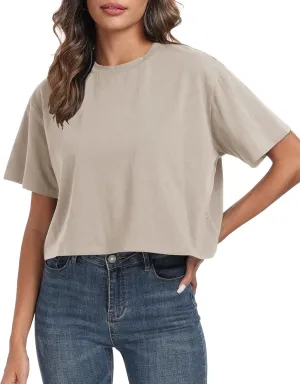 PRIMODA Women's Oversized Workout Cropped T Shirts Crew Neck Short Sleeve Casual Loose Summer Crop Tee Tops Cotton