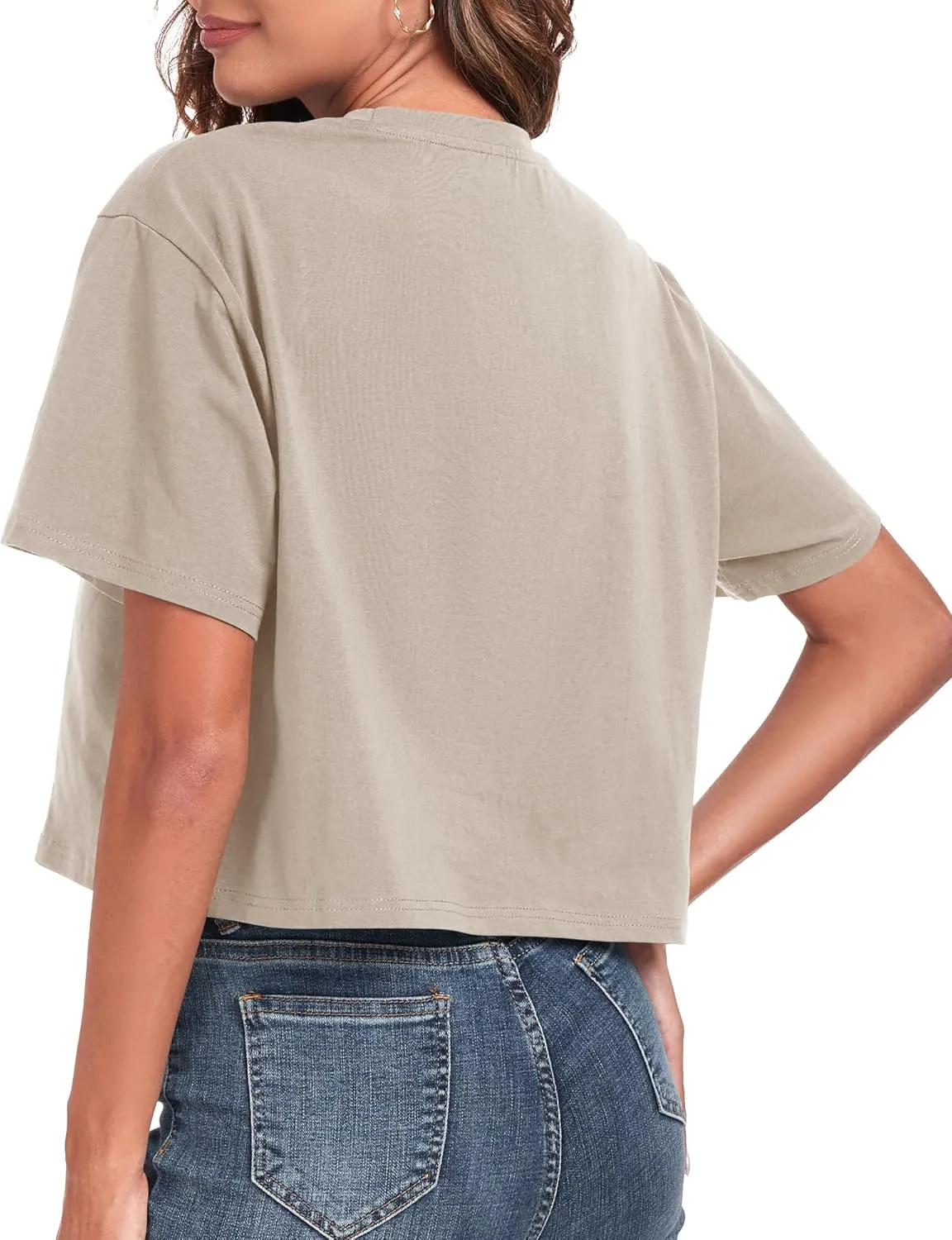 PRIMODA Women's Oversized Workout Cropped T Shirts Crew Neck Short Sleeve Casual Loose Summer Crop Tee Tops Cotton