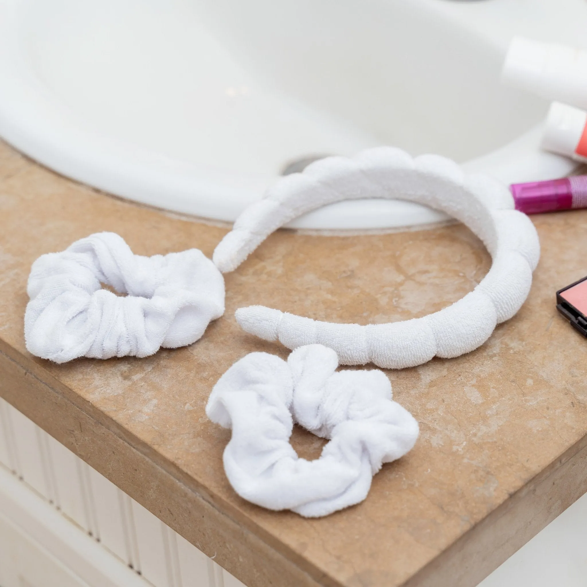 Puffy Spiral Terry Cloth Padded Spa Headband and Scrunchie Wristbands