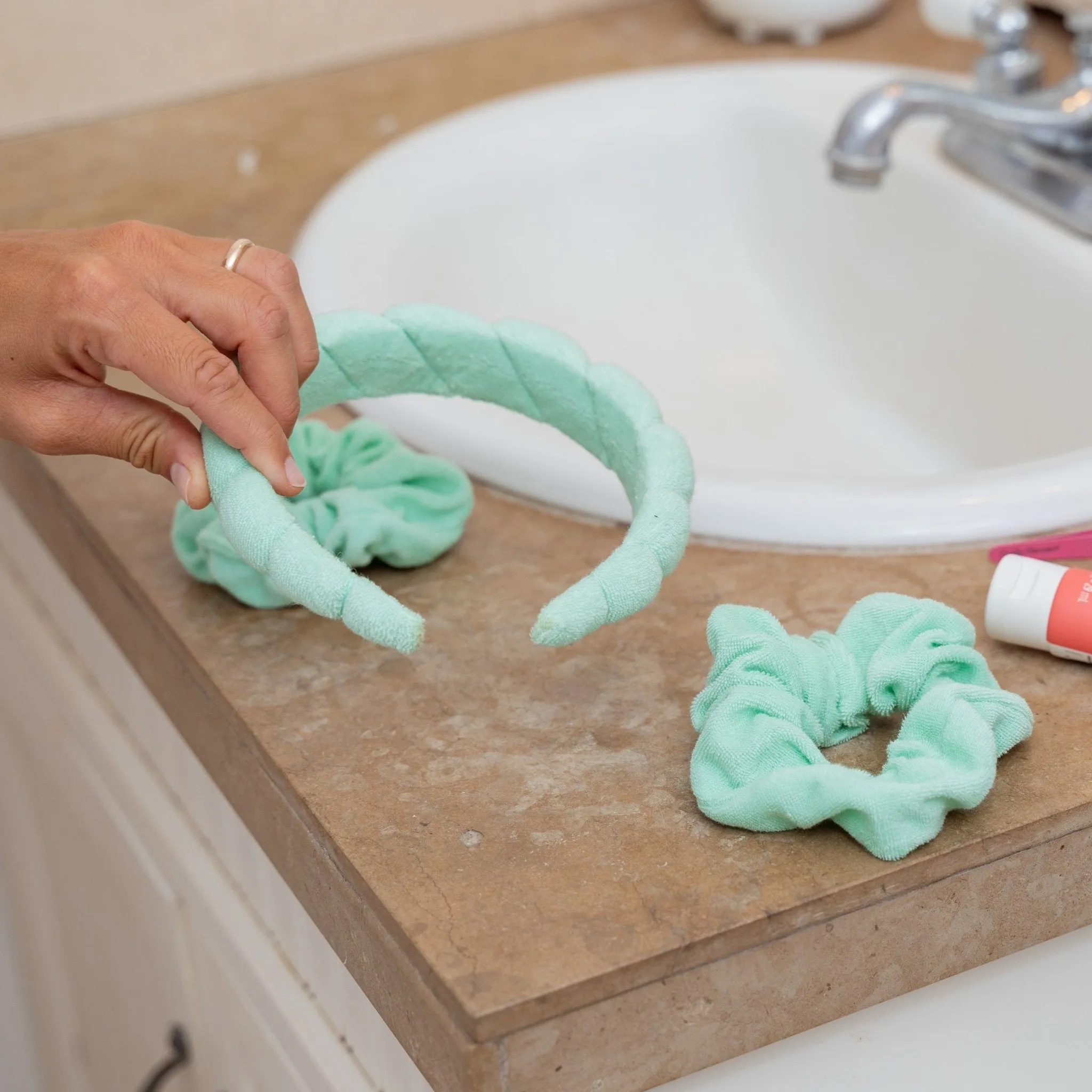 Puffy Spiral Terry Cloth Padded Spa Headband and Scrunchie Wristbands
