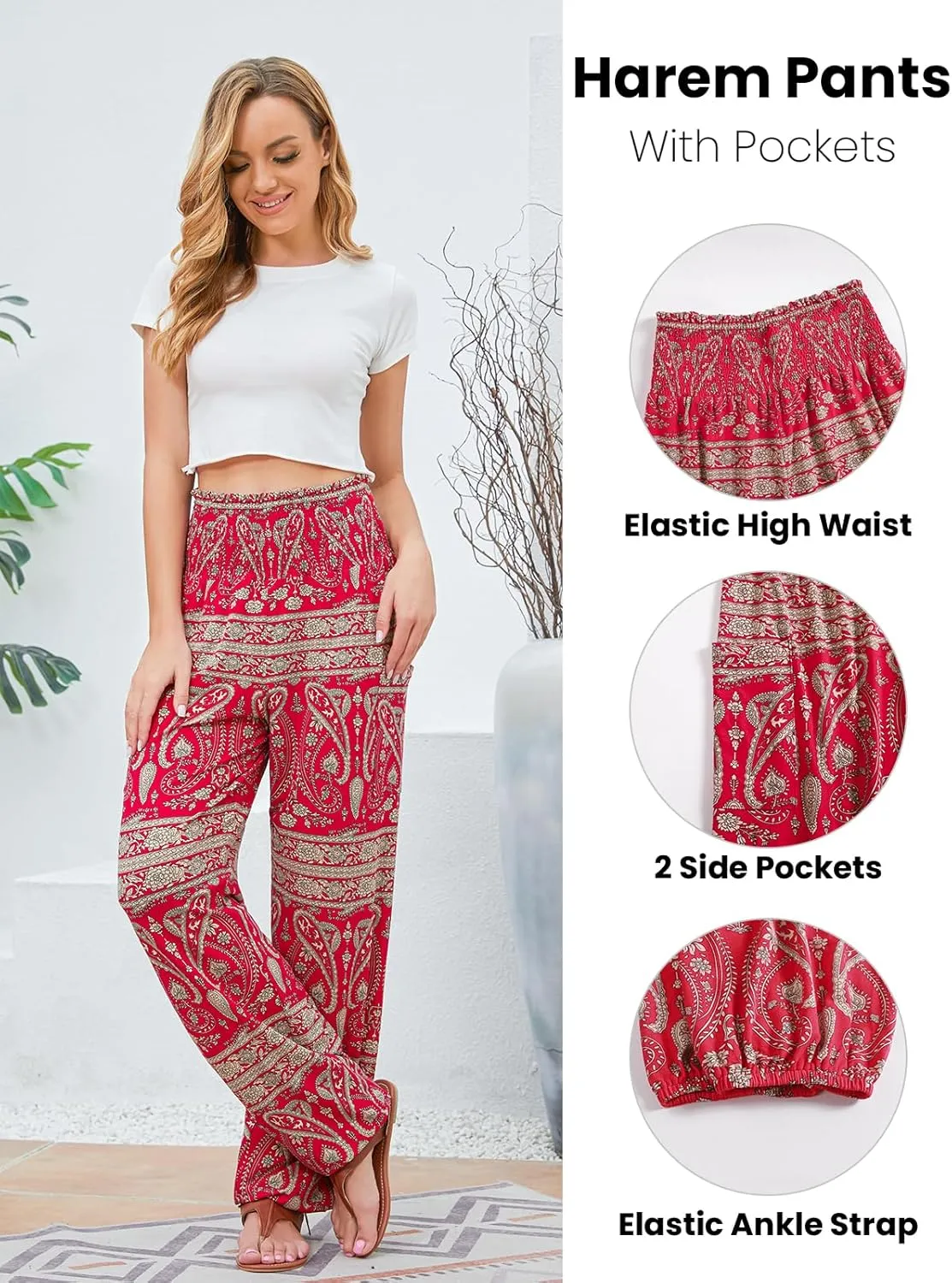 QIANXIZHAN Women's Harem Pants, High Waist Yoga Boho Trousers with Pockets