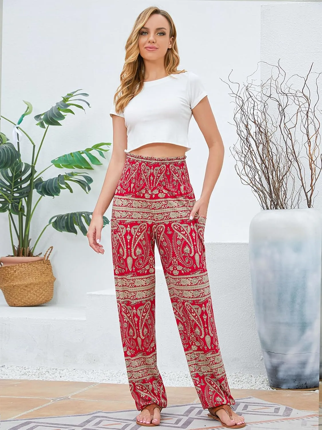 QIANXIZHAN Women's Harem Pants, High Waist Yoga Boho Trousers with Pockets