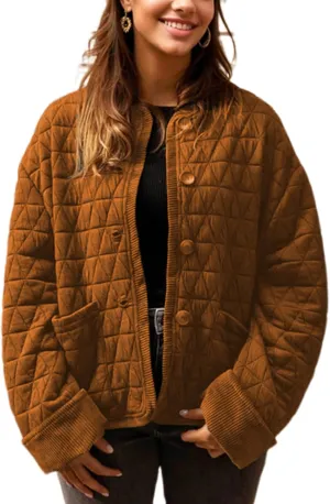 Quilted Jackets for Women Lightweight Button Down Long Sleeve Winter Padded Coat Puffer Jacket