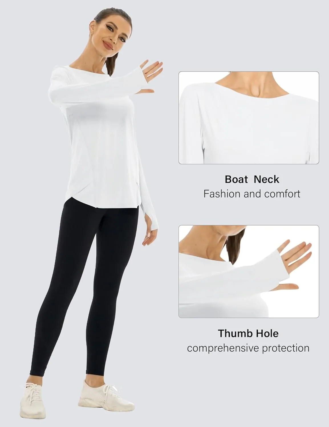 Rapbin Women's UPF 50  Sun Protection T-Shirts Long Sleeve Boat Neck Workout Lightweight Quick Dry Top with Thumb Hole