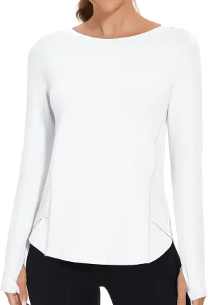 Rapbin Women's UPF 50  Sun Protection T-Shirts Long Sleeve Boat Neck Workout Lightweight Quick Dry Top with Thumb Hole