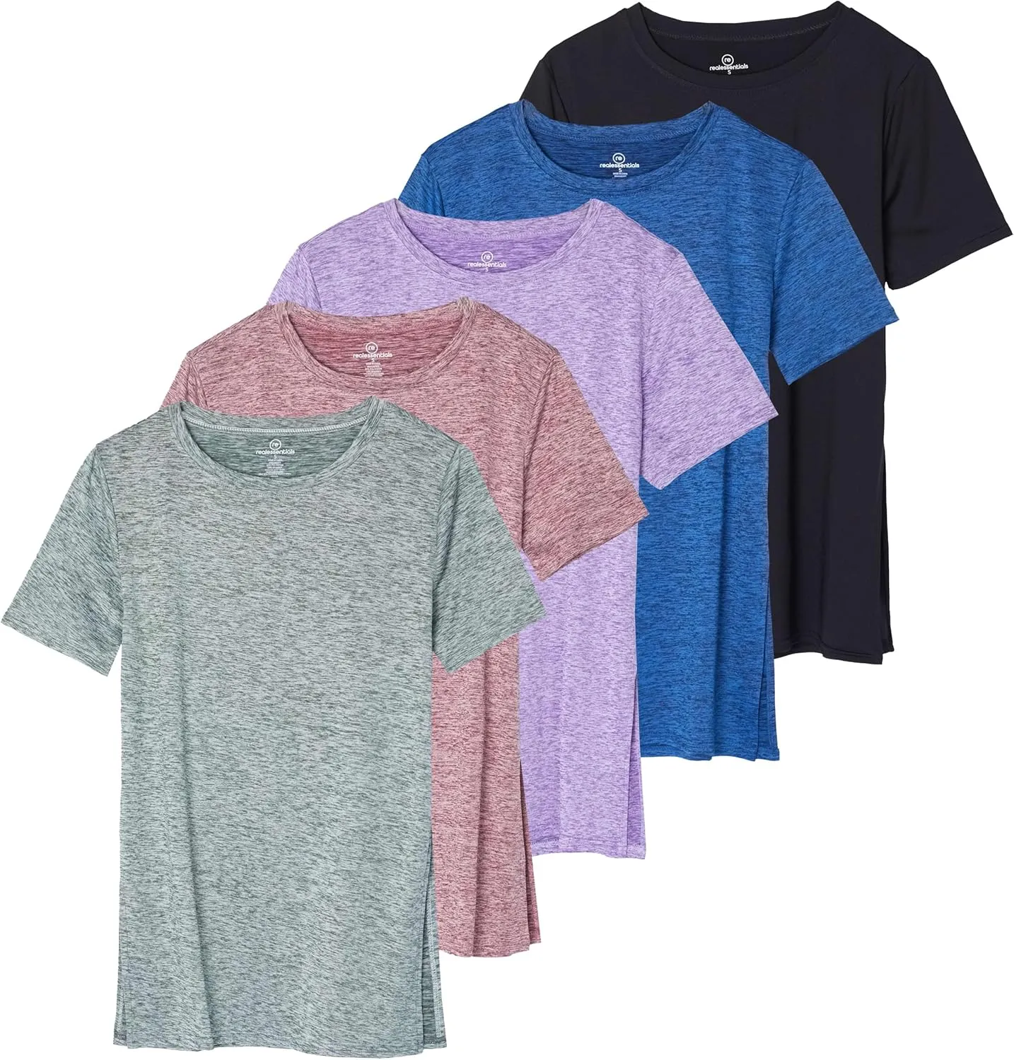 Real Essentials 5 Pack: Women's Short Sleeve Active Workout T-Shirts - Dry Fit Gym Tops with Split Hem (Plus Sizes)
