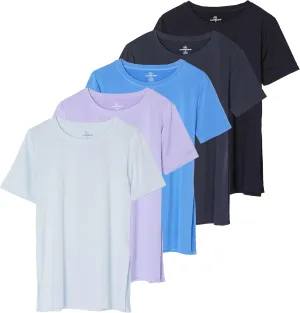 Real Essentials 5 Pack: Women's Short Sleeve Active Workout T-Shirts - Dry Fit Gym Tops with Split Hem (Plus Sizes)
