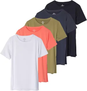 Real Essentials 5 Pack: Women's Short Sleeve Active Workout T-Shirts - Dry Fit Gym Tops with Split Hem (Plus Sizes)