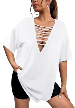 Remidoo Womens Tie Dye Oversized T Shirt Sexy Cut Out Short Sleeve V Neck Tee