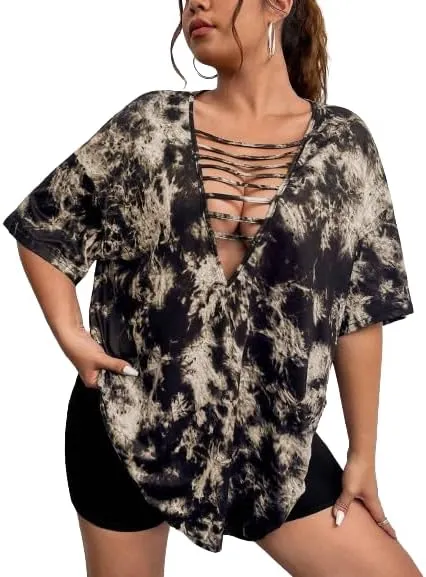 Remidoo Womens Tie Dye Oversized T Shirt Sexy Cut Out Short Sleeve V Neck Tee