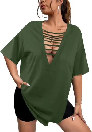 Remidoo Womens Tie Dye Oversized T Shirt Sexy Cut Out Short Sleeve V Neck Tee