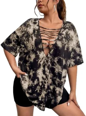 Remidoo Womens Tie Dye Oversized T Shirt Sexy Cut Out Short Sleeve V Neck Tee