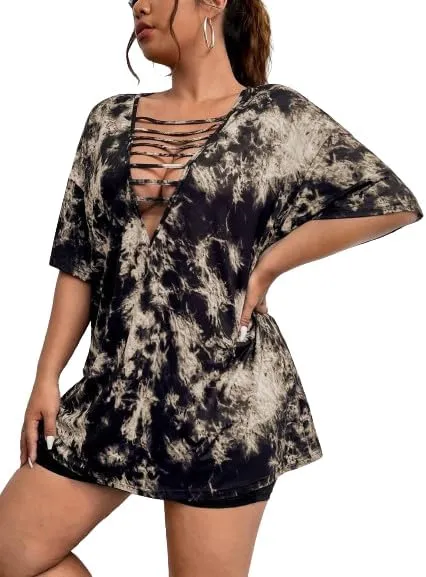 Remidoo Womens Tie Dye Oversized T Shirt Sexy Cut Out Short Sleeve V Neck Tee