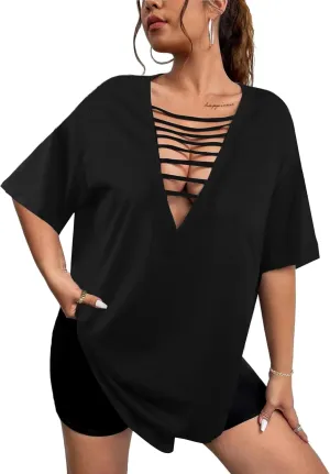 Remidoo Womens Tie Dye Oversized T Shirt Sexy Cut Out Short Sleeve V Neck Tee