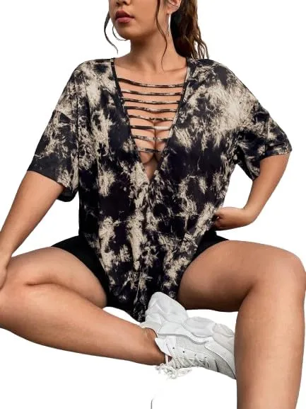 Remidoo Womens Tie Dye Oversized T Shirt Sexy Cut Out Short Sleeve V Neck Tee