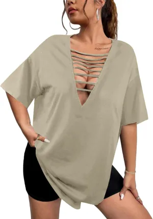Remidoo Womens Tie Dye Oversized T Shirt Sexy Cut Out Short Sleeve V Neck Tee