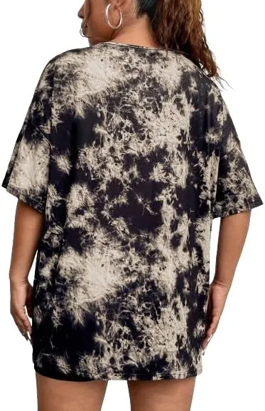 Remidoo Womens Tie Dye Oversized T Shirt Sexy Cut Out Short Sleeve V Neck Tee
