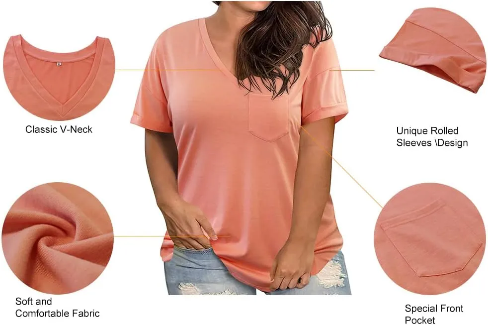 RITERA Plus Size Tops For Women Summer T Shirts V Neck Short Sleeve Casual Basic Tee with Front Pocket XL-5XL