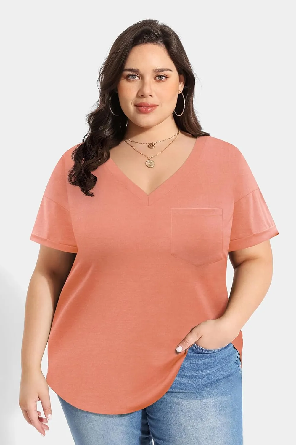 RITERA Plus Size Tops For Women Summer T Shirts V Neck Short Sleeve Casual Basic Tee with Front Pocket XL-5XL