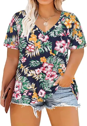 RITERA Plus Size Tops For Women Summer T Shirts V Neck Short Sleeve Casual Basic Tee with Front Pocket XL-5XL