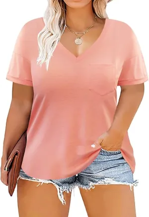RITERA Plus Size Tops For Women Summer T Shirts V Neck Short Sleeve Casual Basic Tee with Front Pocket XL-5XL