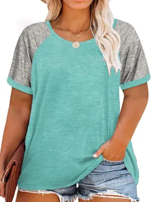 ROSRISS Plus Size Tops for Women Summer Raglan Color Block T Shirts Short Sleeve Loose Fit Tee