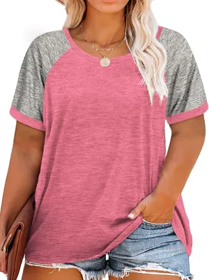 ROSRISS Plus Size Tops for Women Summer Raglan Color Block T Shirts Short Sleeve Loose Fit Tee