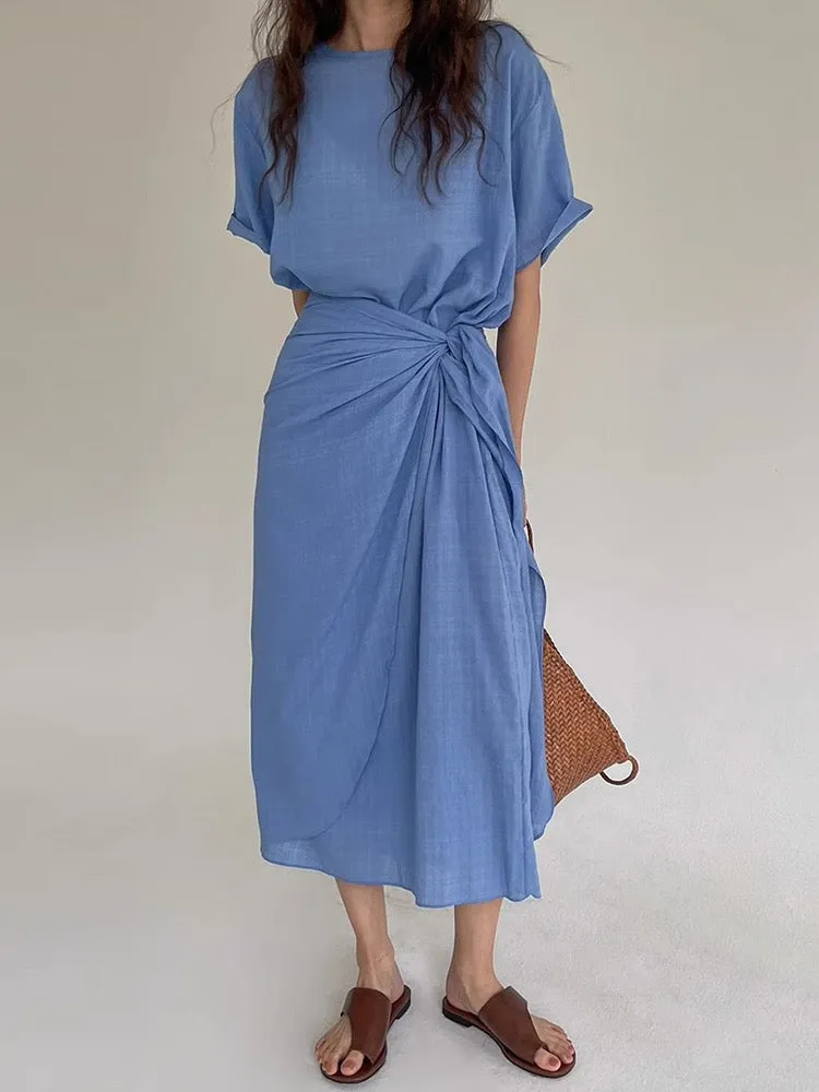 Round Neck Strappy Waist Pleated Long Dress