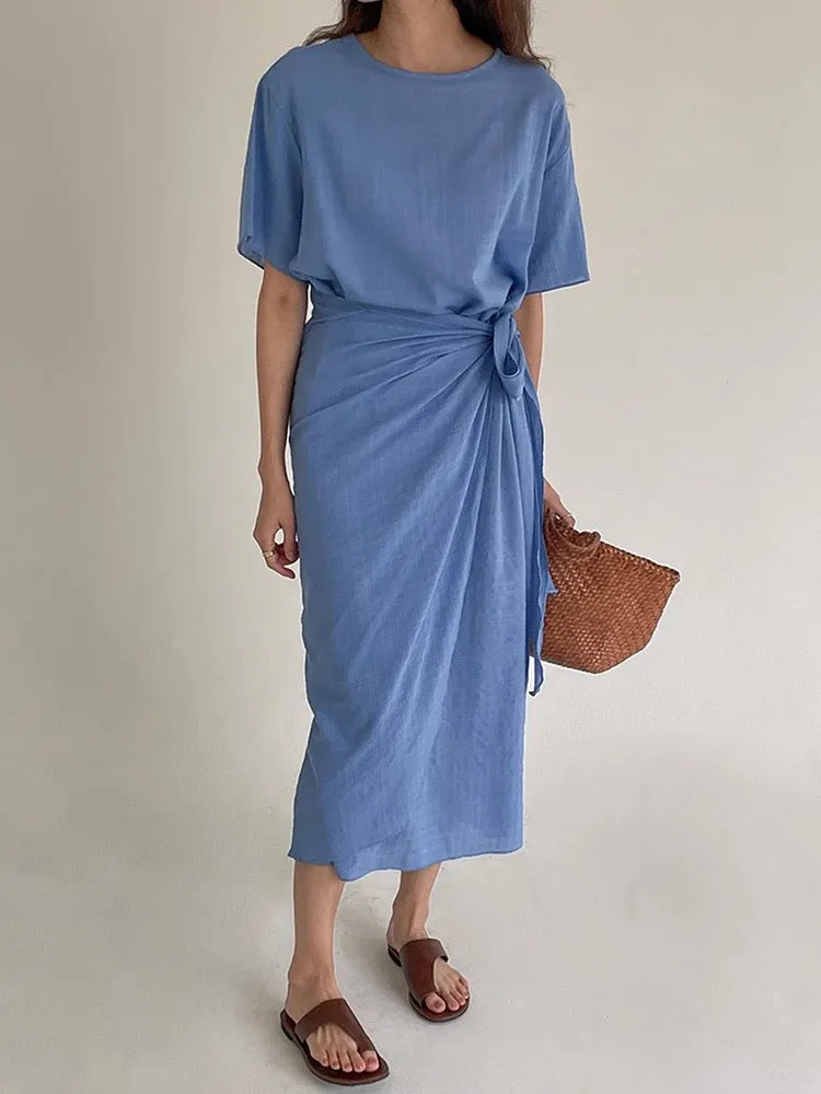 Round Neck Strappy Waist Pleated Long Dress