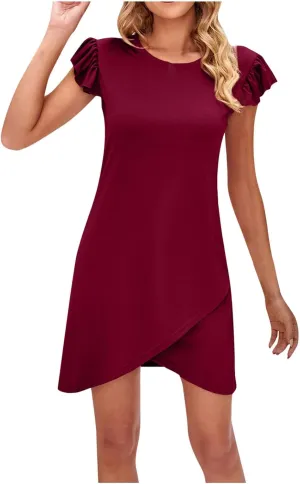 Ruffle Cap Sleeve T Shirts Dress for Women Summer Dresses Casual Crewneck Solid Color Basic Wrap Hem Mini Tank Dress