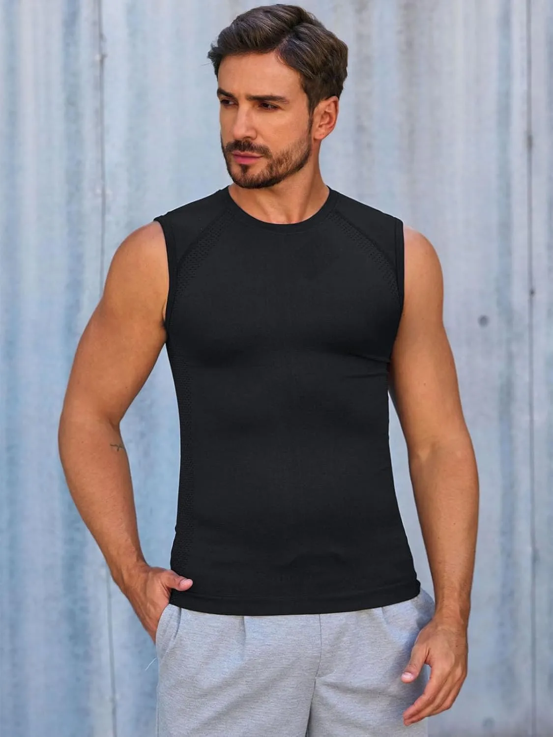 Runcati Mens Athletic Compression Shirts Sleeveless Workout Tank Top Slimming Body Shaper Vest Sports Base Layer Undershirt