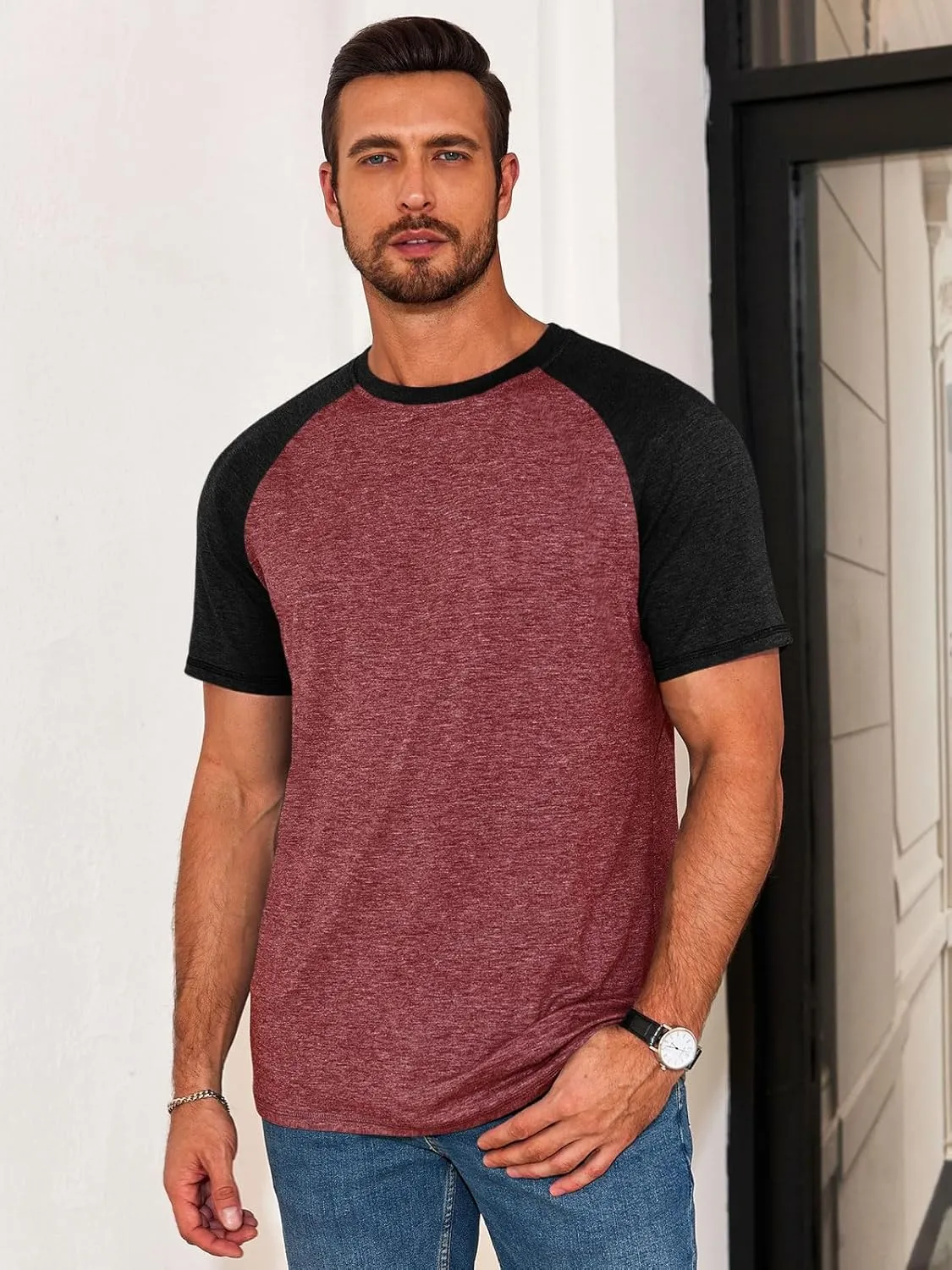 Runcati Mens Casual Slim Fit T Shirts Raglan Short Sleeve Crewneck Baseball Tees Color Block Workout Fashion Shirt