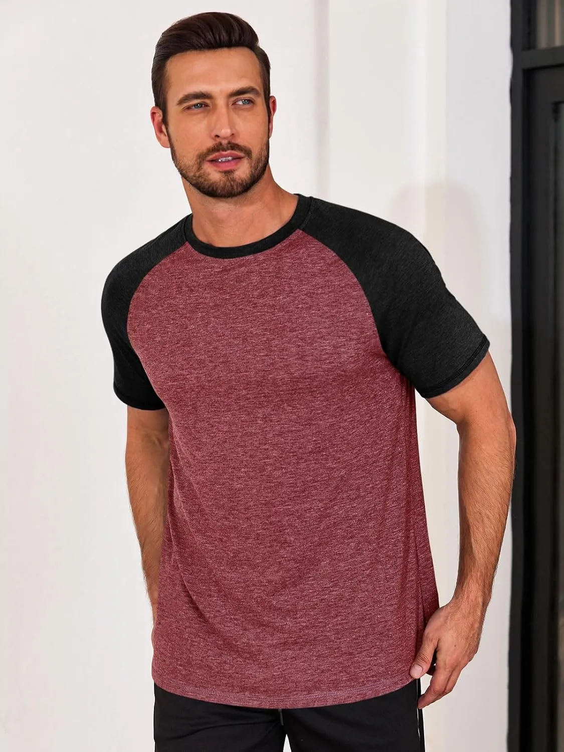 Runcati Mens Casual Slim Fit T Shirts Raglan Short Sleeve Crewneck Baseball Tees Color Block Workout Fashion Shirt
