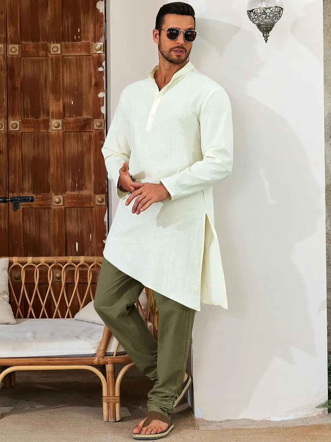 Runcati Mens Kaftan Thobe Pants Cotton Casual Elastic Waist Drawstring Muslim Trousers Summer Yoga Kurta Pants with Pockets
