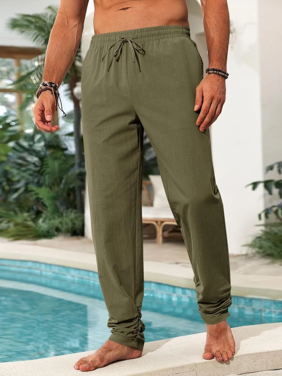 Runcati Mens Kaftan Thobe Pants Cotton Casual Elastic Waist Drawstring Muslim Trousers Summer Yoga Kurta Pants with Pockets