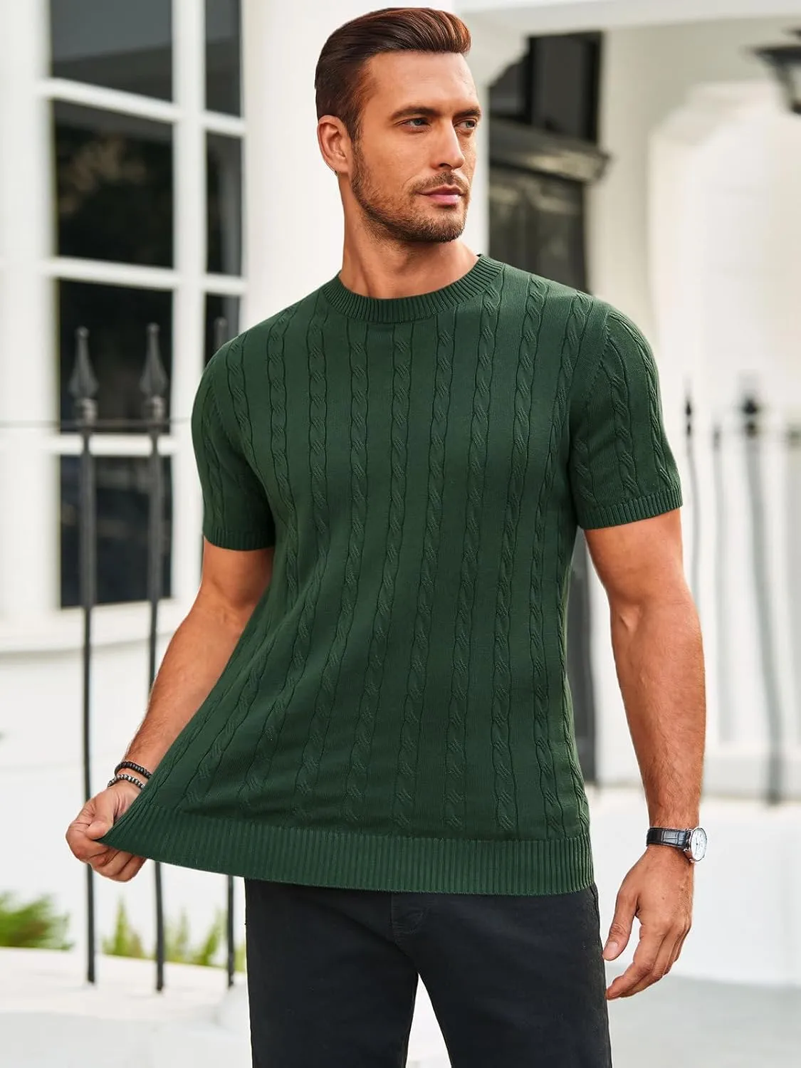Runcati Mens Knit Short Sleeve T Shirts Casual Crewneck Slim Fit Shirt Cable Knitted Stretch Pullover Tees