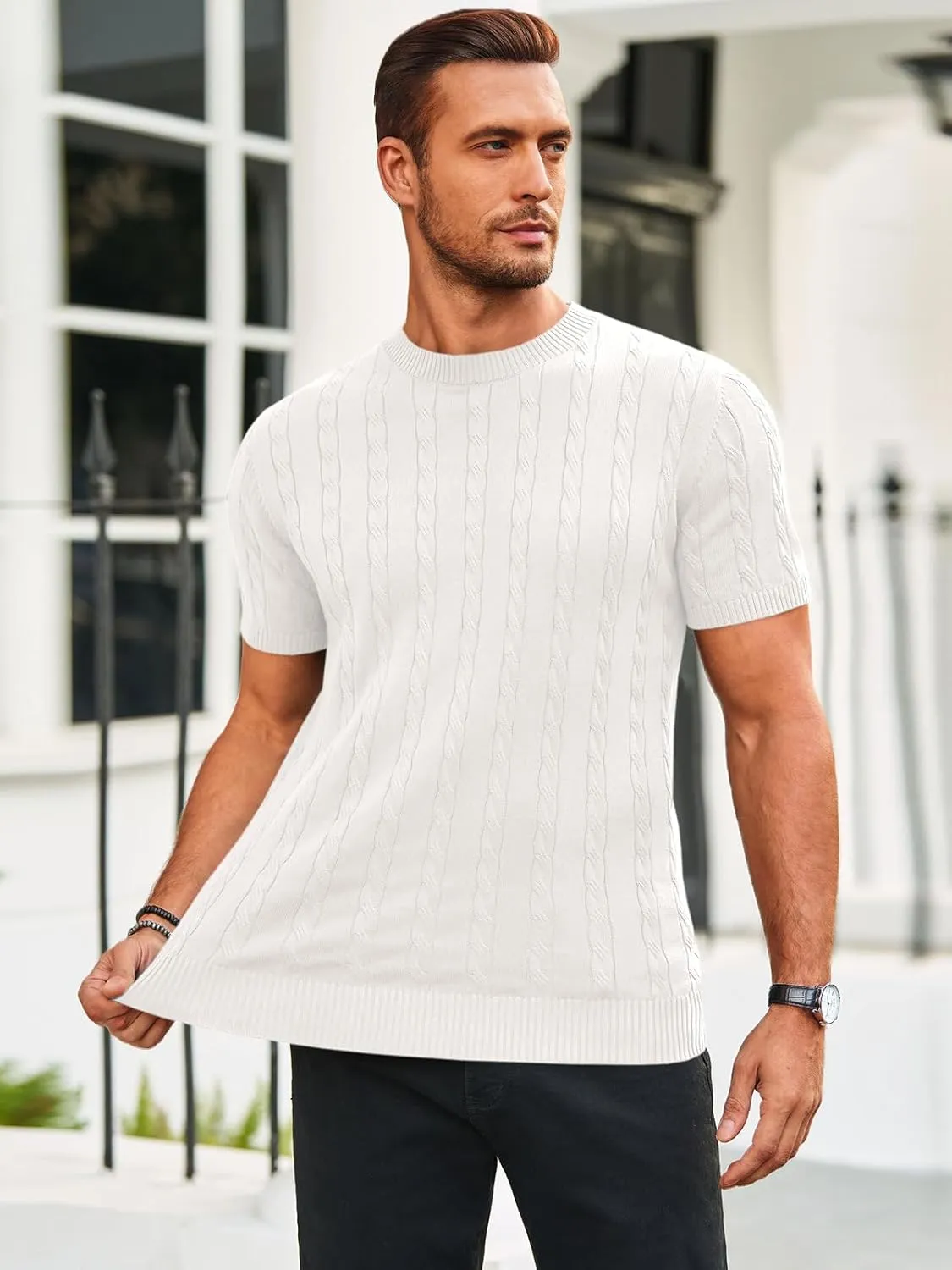 Runcati Mens Knit Short Sleeve T Shirts Casual Crewneck Slim Fit Shirt Cable Knitted Stretch Pullover Tees