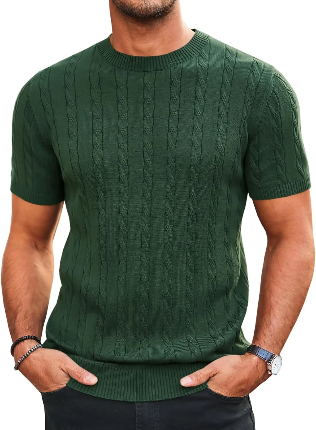 Runcati Mens Knit Short Sleeve T Shirts Casual Crewneck Slim Fit Shirt Cable Knitted Stretch Pullover Tees