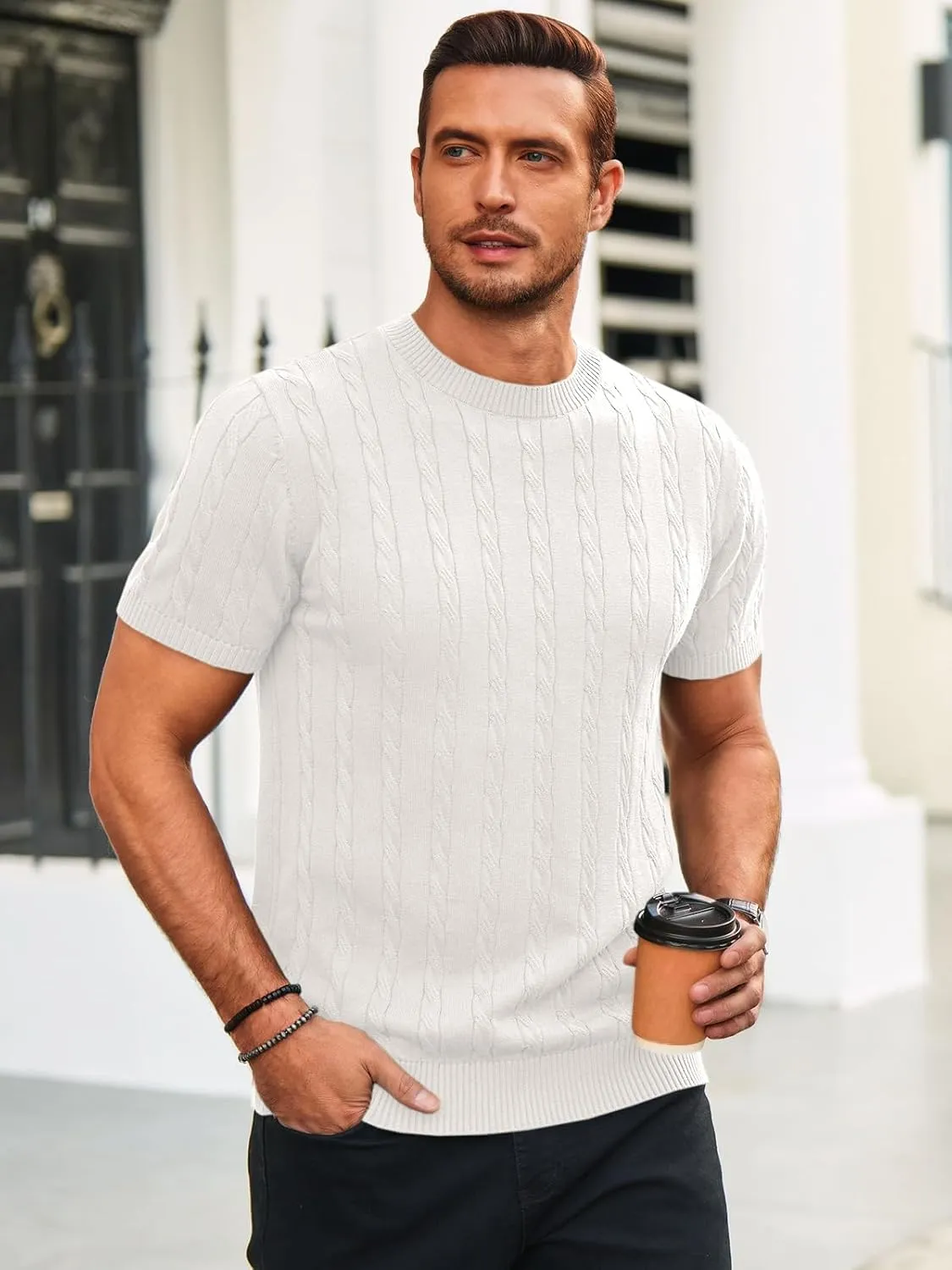 Runcati Mens Knit Short Sleeve T Shirts Casual Crewneck Slim Fit Shirt Cable Knitted Stretch Pullover Tees