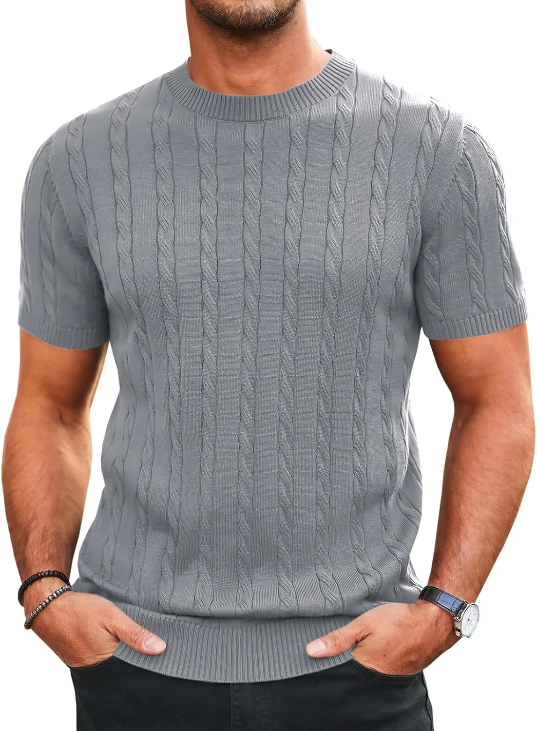 Runcati Mens Knit Short Sleeve T Shirts Casual Crewneck Slim Fit Shirt Cable Knitted Stretch Pullover Tees
